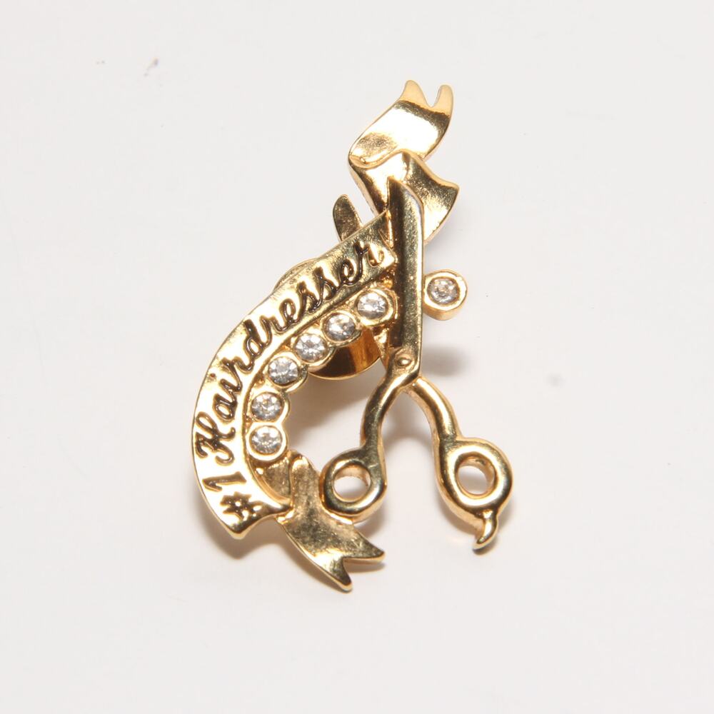 Vintage Avon (6644) #1 Hairdresser Lapel Bin Brooch Gold tone Rhinestones